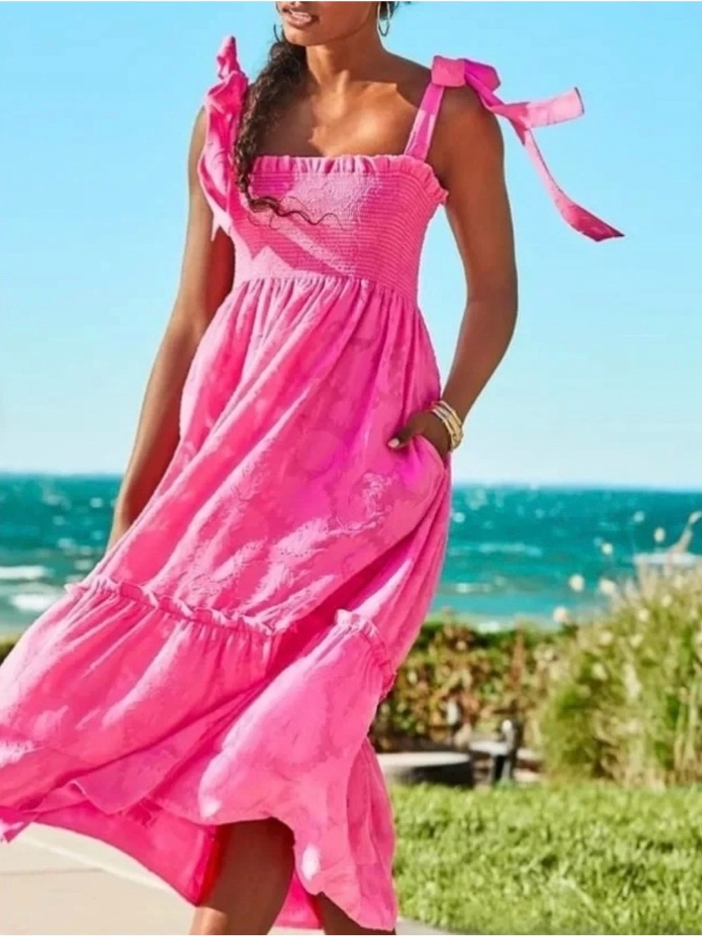 Lilly Pulitzer Rivera Midi Dress Cockatoo Pink Bow Ties Pockets | size medium